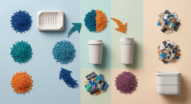 プラスチックペレットや再生樹脂の破砕片から日用品へと生まれ変わるリサイクルのプロセス サーキュラーエコノミーと持続可能な循環型社会のイメージ
