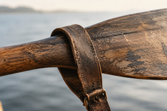 A worn leather strap draped across an ancient wooden oar in soft morning light.