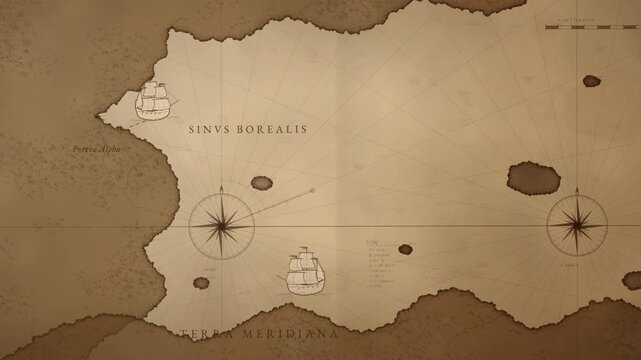 Antique nautical map animation with a sailing ship tracing a dotted voyage route on aged parchment