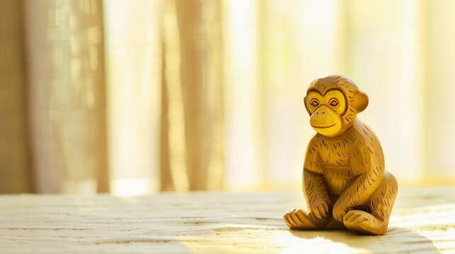 A wooden monkey figurine placed in a room bathed in soft light