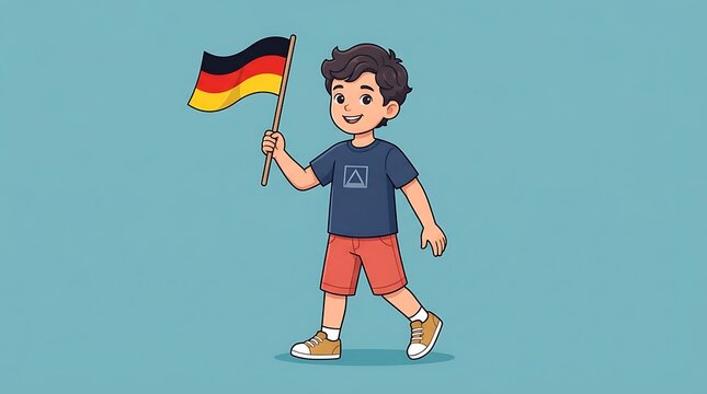 Boy holding german flag waving happily