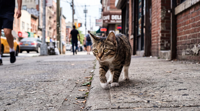 Tabby cat walking along urban sidewalk near brick building in city street
