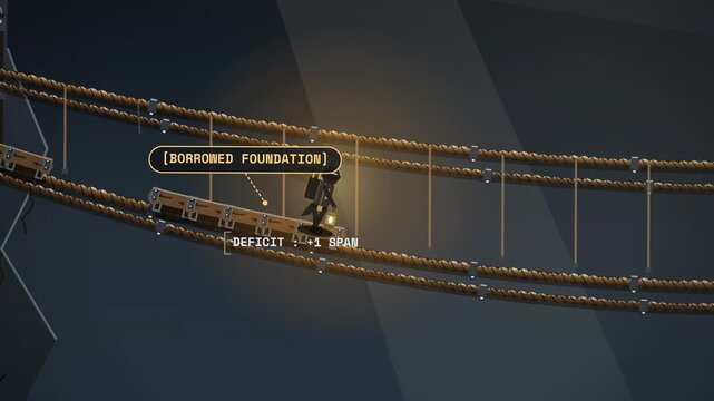 Conceptual allegory of a debt trap showing a stickman on a rope bridge where the ground disappears behind him illustrating deficit rollover and financial ruin