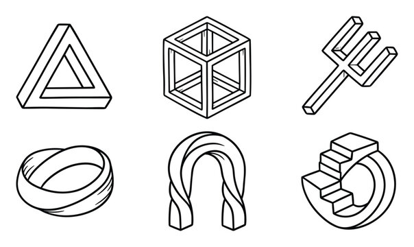 Impossible geometric shapes and optical illusions on transparent background