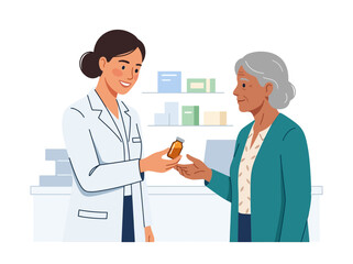 Obraz premium Pharmacist Hands Medication To Senior Customer In Pharmacy