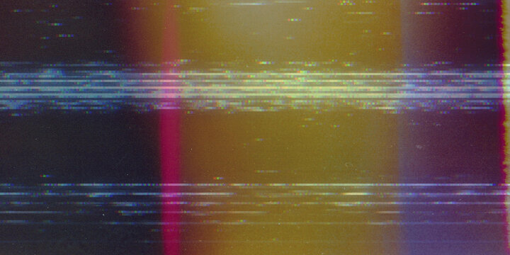 Abstract digital glitch and film grain texture with scanlines and light leaks
