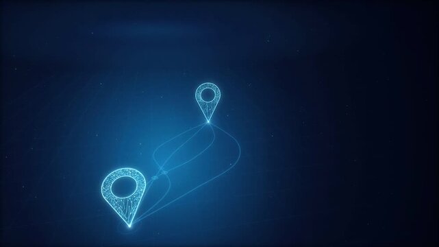Glowing location pin connected by a light trail route across a dark blue background