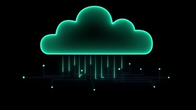 Futuristic neon glowing cloud with digital circuit connections, representing carbon emission data, technology, climate change, environmental monitoring and cloud computing concept HD motion video