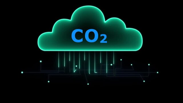 Futuristic neon glowing cloud with digital circuit connections, representing carbon emission data, technology, climate change, environmental monitoring and cloud computing concept HD motion video