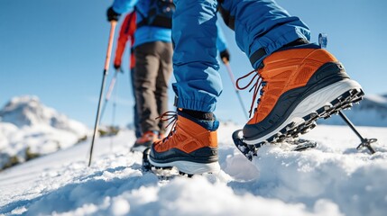 Obraz premium Close-up of hikers' orange snow boots trekking through a snowy mountain landscape on a bright, sunny day.