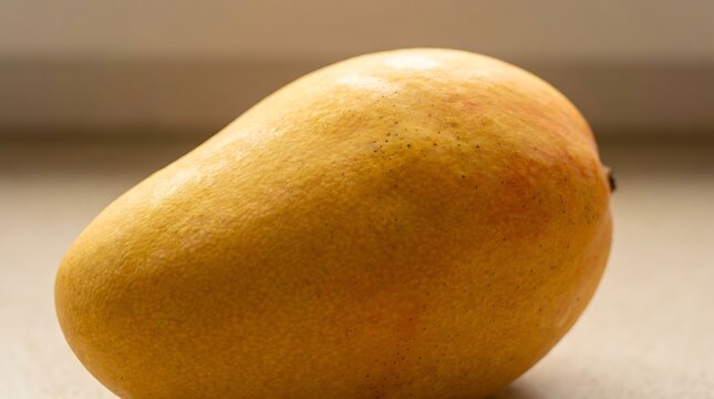 A single fresh ripe yellow mango fruit sitting on a simple surface with soft natural lighting and texture. ataulfo mango 