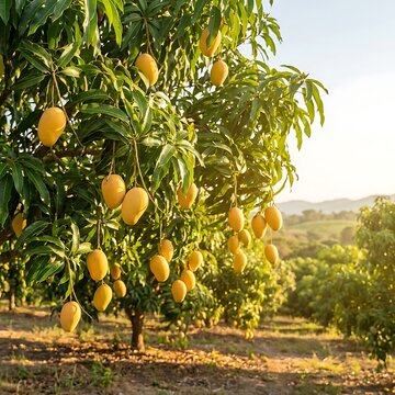 Fresh yellow mangoes hanging on a tree in a sunny fruit orchard during a warm summer day for harvest. ataulfo mango 