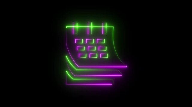 Neon glowing calendar icon animation. neon Animated date calendar 4k concept video