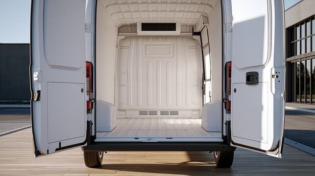 Empty White Refrigerated Cargo Van Interior with Doors Open, Ready for Delivery