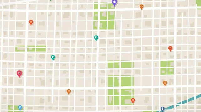 Colorful category pins dropping across a flat city map until the whole area is covered