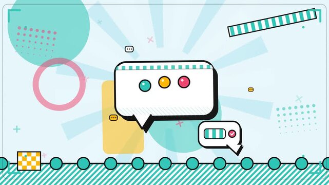 Comment typing bubble animation with bouncing dots and reply message in neo brutalist poster style social media conversation concept