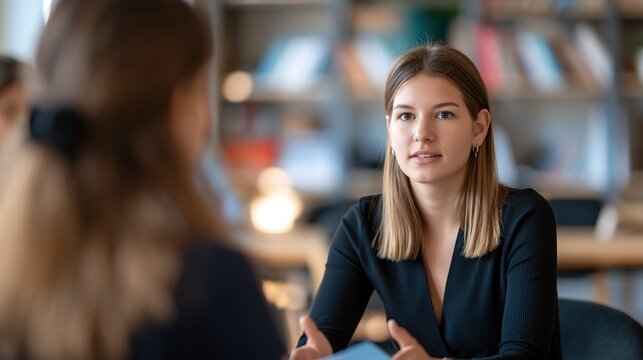 Professional woman in business attire engaged in a conversation during a meeting or interview