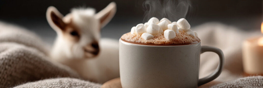 Cozy cup of hot chocolate topped with marshmallows. Cute baby goat peeks from behind, watching curiously. Soft lighting and warm tones create a soothing atmosphere. Ideal for winter, comfort