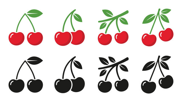 Red cherry icon set with green leaves for natural fruit juice packaging logo