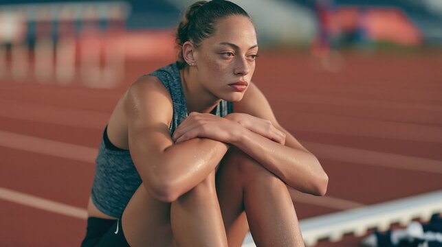 Athletic woman athlete sitting on track, looking thoughtful and determined after training session