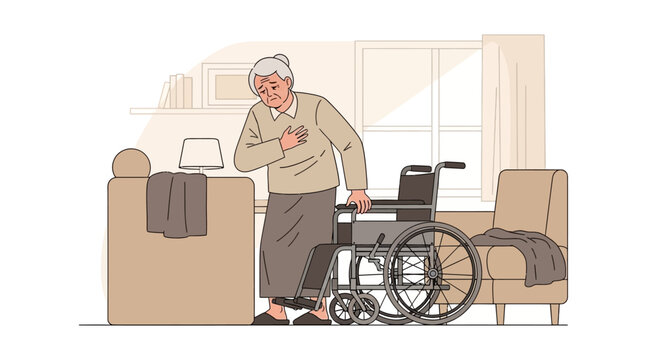 Elderly Person Experiencing Chest Pain Near Wheelchair At Home