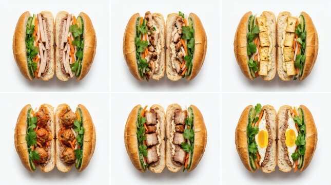 Grid 6 Banh Mi Sandwich Variations Cut Half White Background 3x2 Layout

