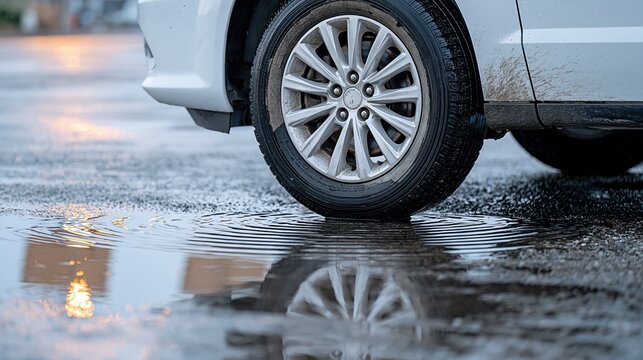 Close-up of a car tire driving through a wet road puddle reflecting streetlights during a rainy day