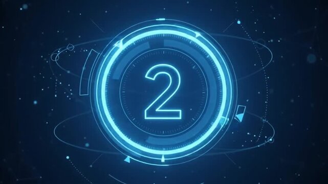 Neon blue number five countdown timer with futuristic digital circular interface