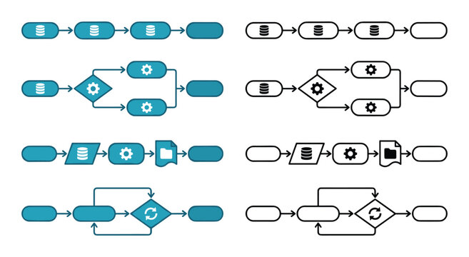 Workflow flowchart diagrams and process mapping icons for business management