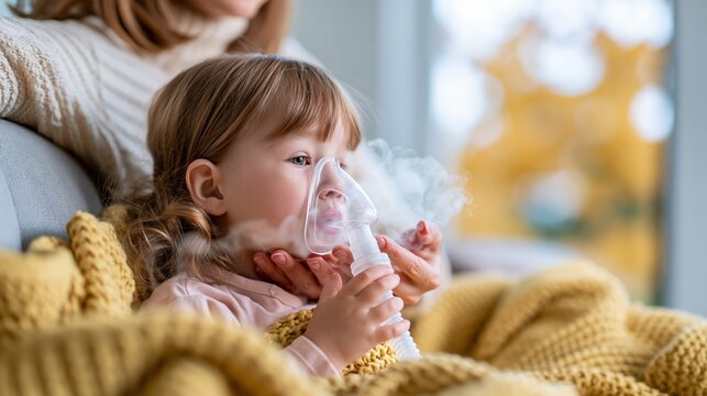 Adorable toddler receiving respiratory treatment with a nebulizer at home, cared for by a loving parent