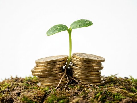 Plant with water droplets sprouting from stacked gold coins on green mossy earth