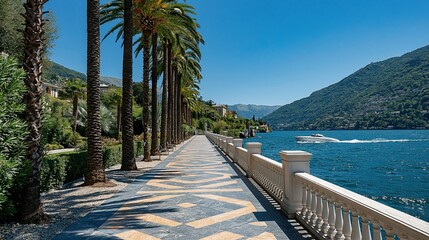 Obraz premium Elegant Lakeside Promenade Lined with Palm Trees and Scenic Mountain Views Under a Clear Blue Sky