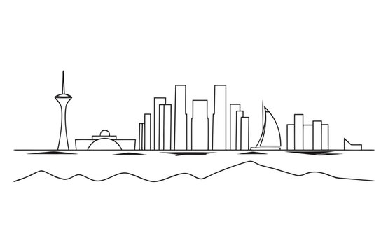 Doha Qatar Skyline with Aspire Tower Museum of Islamic Art West Bay Skyscrapers Pearl Qatar and Desert Horizon, Minimal Architectural Line Vector