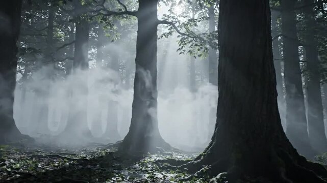 Sunbeams piercing through mist in a dark pine forest