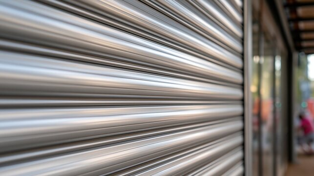 Close-up metallic security roller shutter door detail, protecting storefront or building facade