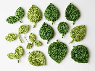 Collection of Handcrafted Green Crochet Leaves in Various Sizes and Shapes for Decorative Craft Projects