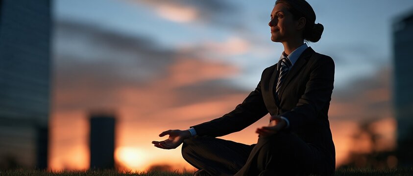 Businesswoman in formal suit meditating peacefully outdoors at sunset with city skyline background