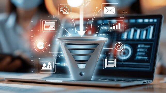 Digital Marketing Sales Funnel Concept with Data Analytics on Laptop Screen