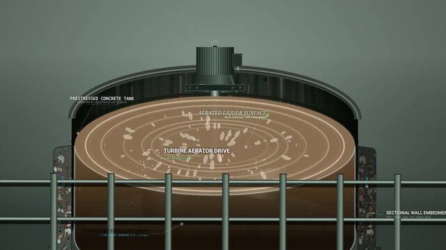3D animation of a wastewater aeration tank process featuring labels for turbine aerator drive, aerated liquor surface, submerged EPDM diffusers, and prestressed concrete structure