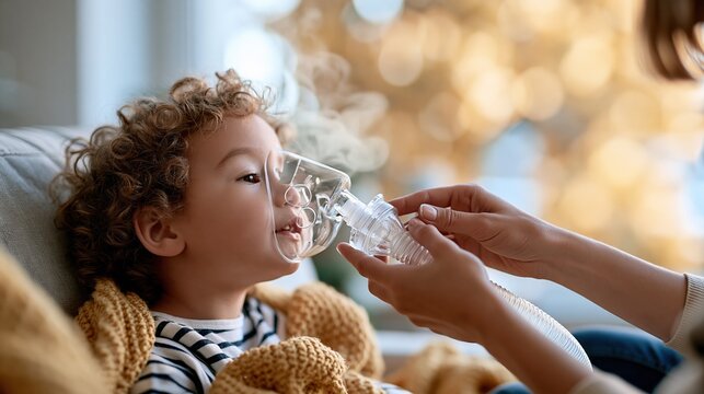 Child receiving respiratory treatment with a nebulizer for breathing difficulties and illness