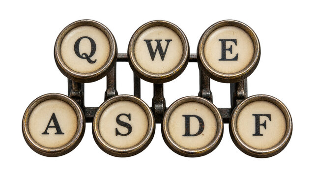 Vintage typewriter keys forming the letters Q, W, E, A, S, D, F. The keys are round with black letters on a beige background , Transparent Background, AI generative