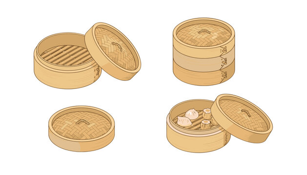 Traditional bamboo dim sum steamer basket illustration set, open and closed kitchenware cookware, asian culinary vector graphics.