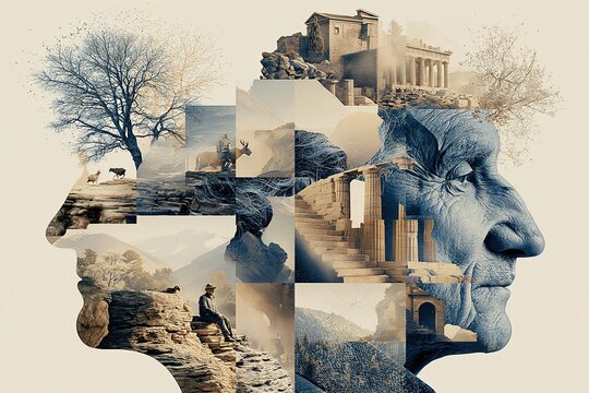 Conceptual Collage of Human Head Silhouette Filled with Ancient Ruins and Natural Landscapes