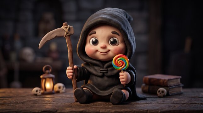 Adorable Baby Grim Reaper Clay Character Holding a Mini Scythe and Lollipop