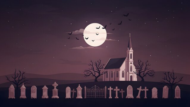 A Spooky Graveyard Scene With A Church Under A Full Moon Sky