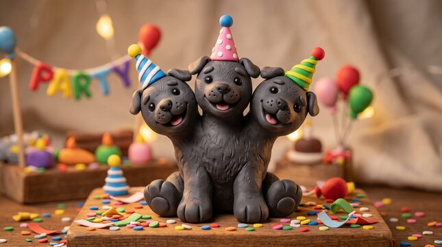  Three-headed Polymer Clay Cerberus Puppy Wearing Tiny Party Hats