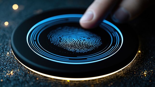 Close-up of a Finger Scanning a Futuristic Fingerprint Reader with Glowing Blue Lights