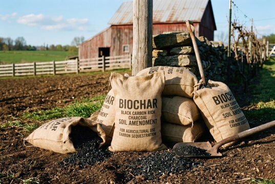 Burlap bags of black carbon rich biochar leaning on a rustic farm fence in a field