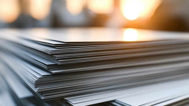 Stack of Paper Sheets with Soft Bokeh Background and Warm Sunlight Glinting
