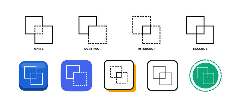 Boolean shape icon set unite subtract intersect and exclude